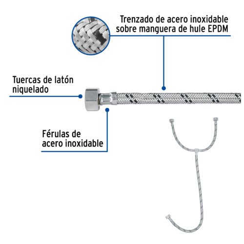 49124 - Manguera "T" lavabo/fregadero, acero inox, 1/2" x 1/2" x 1/2", 55cm