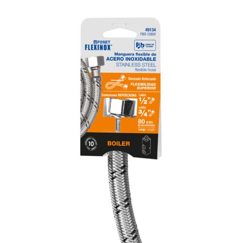 49134 - Manguera para boiler, acero inox, 1/2"x3/4", 80 cm, Foset