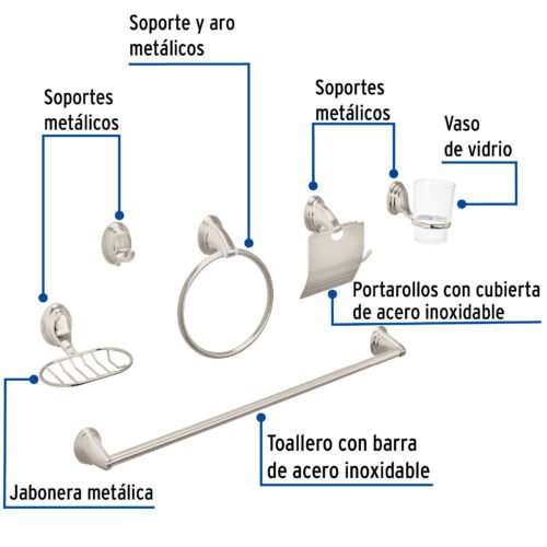 49162 - Juego de 6 accesorios p/baño satín chapetón ovalado, Aqua