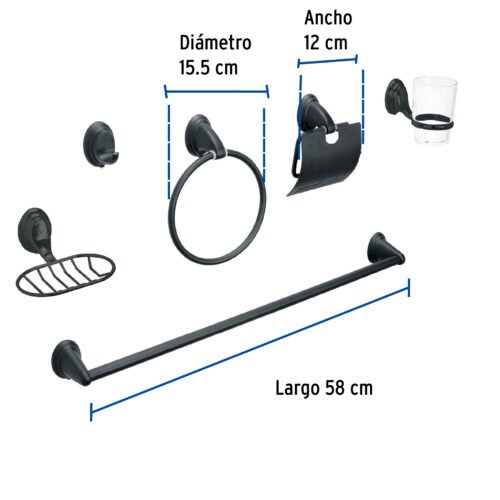 49163 - Juego de 6 acc. p/baño negro mate chapetón ovalado, Aqua