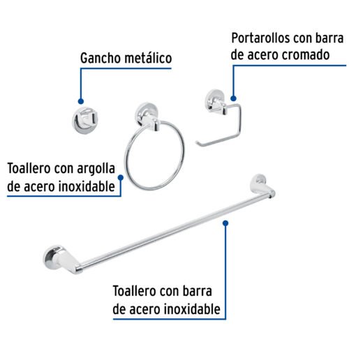 49164 - Juego de 4 accesorios para baño metálicos, Foset Aqua