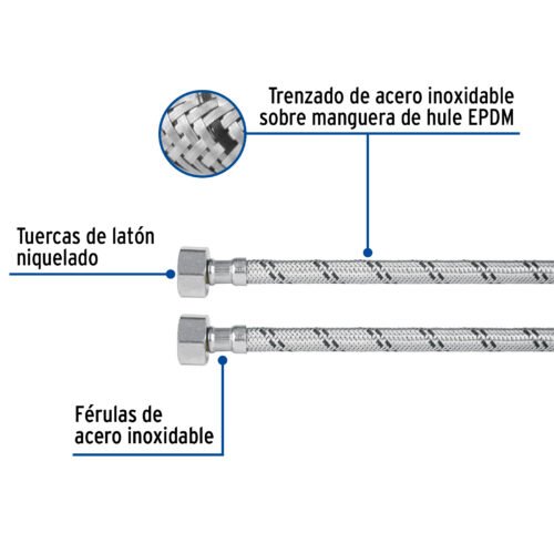 49182 - Manguera lavabo/fregadero, acero inox, 1/2" x 1/2", 55 cm