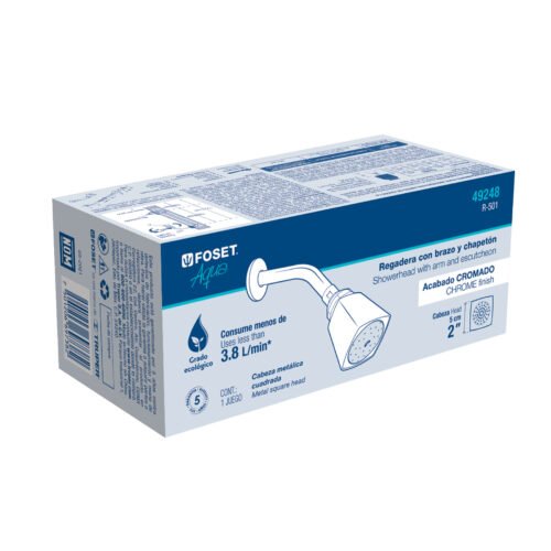 49248 - Regadera cuadrada 2" brazo y chapetón de acero, Foset Aqua