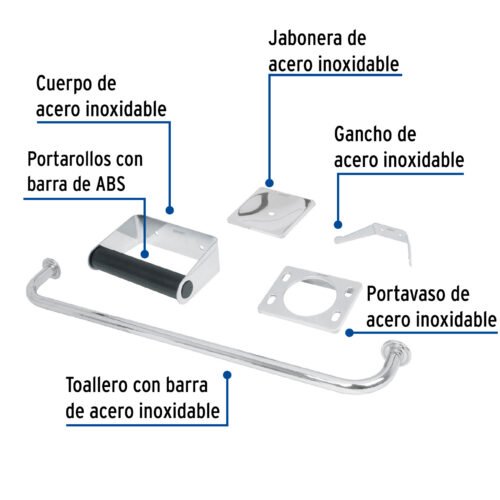 49255 - Juego de 5 accesorios para baño, acero inoxidable, BASIC