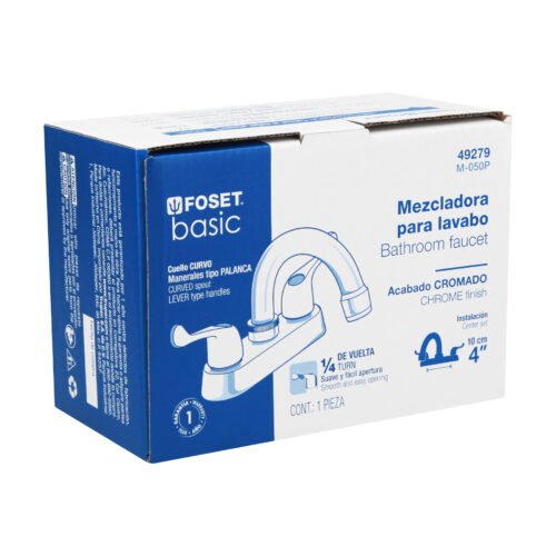 49279 - Mezcladora 4" para lavabo, cuello curvo, manerales palanca