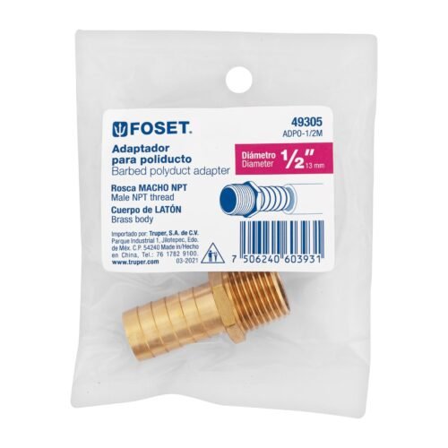 49305 - Adaptador macho de latón 1/2" para poliducto, Foset
