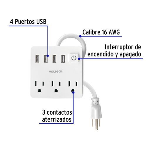 493221 49322 - Multicontacto 16 AWG doméstico 3 entradas 4 ptos USB, blanco