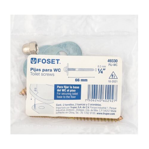 49330 - Bolsa con 2 pijas 1/4" x 66 mm para base de WC a piso, Foset