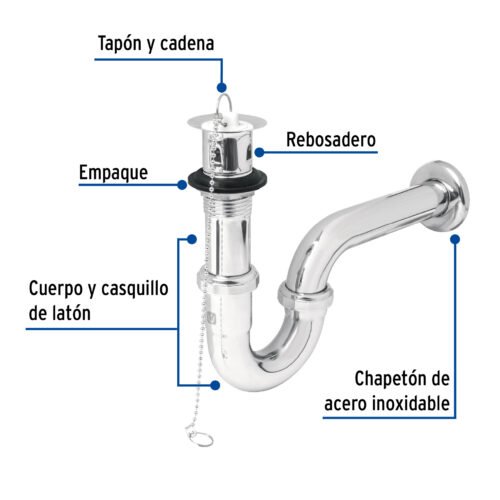 49335 - Céspol 1-1/4" c/contra, tapón y cadena, latón cromo,p/lavabo