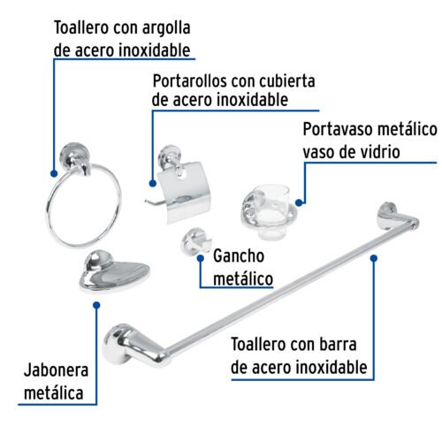 49395 - Juego de 6 accesorios para baño metálicos, Foset Aqua