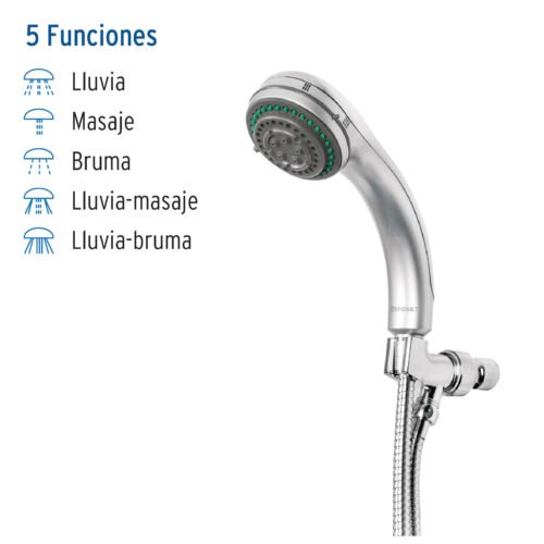 49432 - Regadera de teléfono 3", 5 funciones con soporte, Foset Aqua