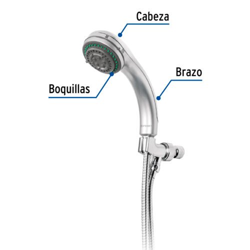 49432 - Regadera de teléfono 3", 5 funciones con soporte, Foset Aqua