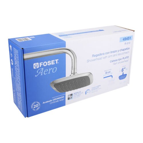 49451 - Regadera cuadrada plato ancho 6" brazo inox a muro, Aero