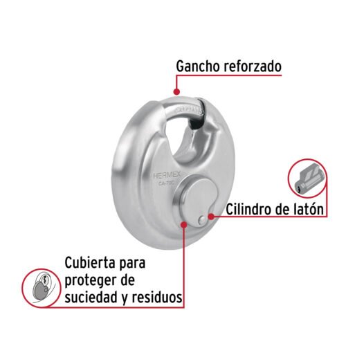 49473 - Candado circular acero inox, cilindro latón, 70 mm