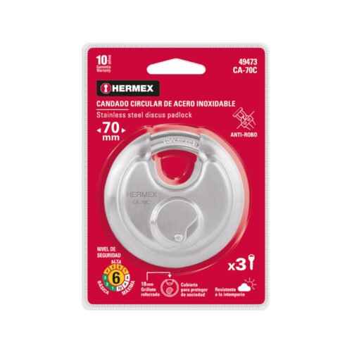 49473 - Candado circular acero inox, cilindro latón, 70 mm