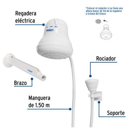 49491 - Regadera eléctrica, 4 temperaturas, 14.5cm, blanca, Foset