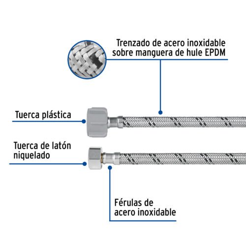 49510 - Manguera p/WC, acero inox, 1/2"x7/8", 35 cm, plástico/latón