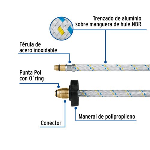 495131 49513 - Manguera pigtail, aluminio, 7/16" x 7/8", 55 cm, FOSET
