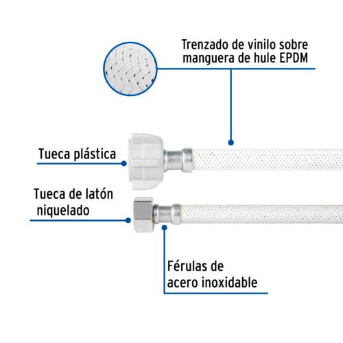 49522 - Manguera p/WC vinilo blanco 1/2"x7/8", 60cm, plástico/latón