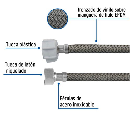 495231 49523 - Manguera p/WC, vinilo gris, 1/2"x7/8", 50cm, plástico/latón