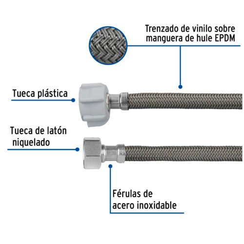 49524 - Manguera p/WC, vinilo gris, 1/2"x7/8", 60cm, plástico/latón