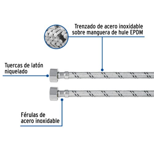 49526 - Manguera lavabo/fregadero, acero inox, 1/2" x 1/2", 100 cm