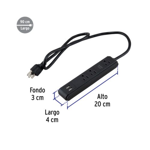 49534 - Multicontacto 3 entradas 2 ptos USB sup de picos 300 J negro