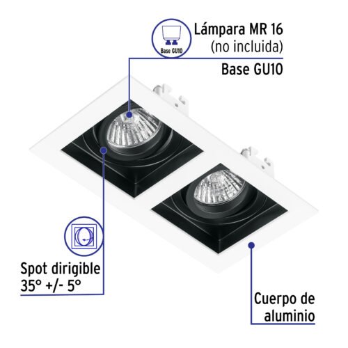 49549 - Luminario empotrable con 2 spots dirigibles, blanco, VOLTECK