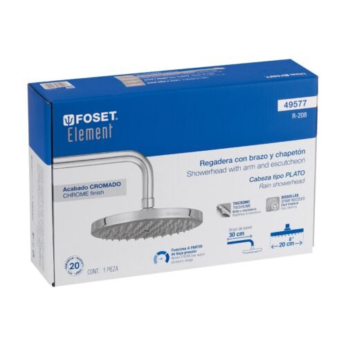 49577 - Regadera cromo 8" plato redondo, con brazo, Foset Element
