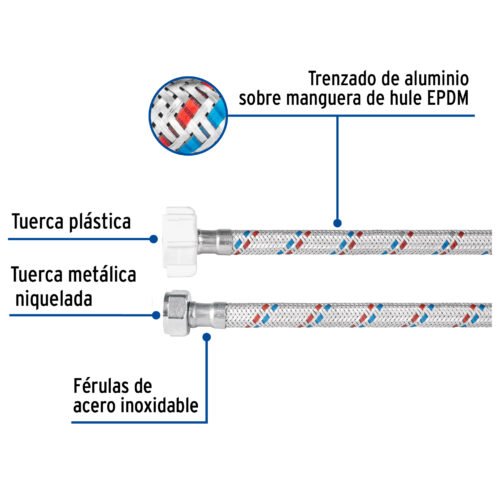 495941 49594 - Manguera p/WC, aluminio, 1/2"x7/8", 60cm, plást/metal, Basic