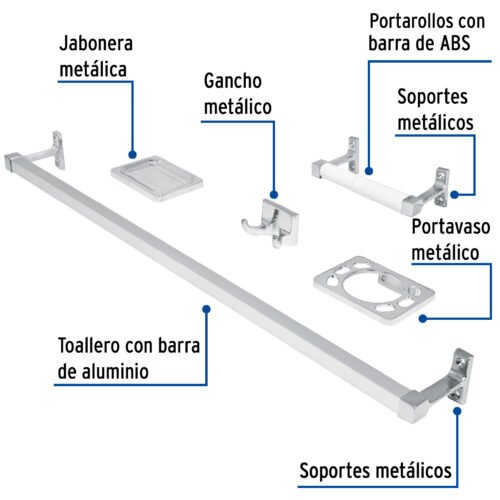 49607 - Juego de 5 accesorios para baño, metálicos, cromo, BASIC