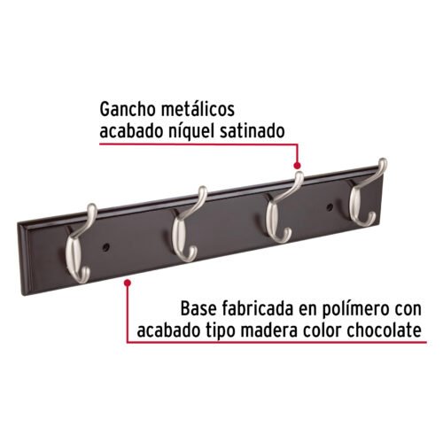 49624 - Perchero para pared con 4 ganchos satinados, HERMEX