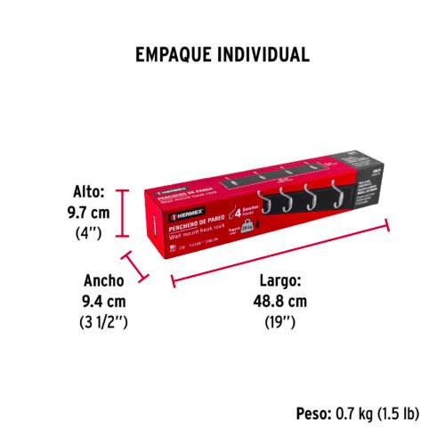 49624 - Perchero para pared con 4 ganchos satinados, HERMEX