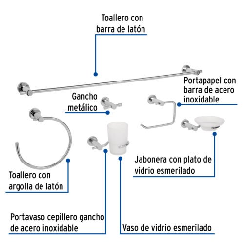 496811 49681 - Juego de 6 accesorios para baño acabado cromo, Foset Element