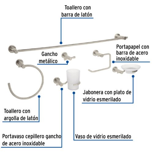 496821 49682 - Juego de 6 accesorios para baño acabado satín, Foset Element