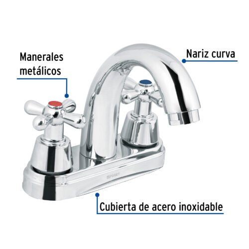 49692 - Mezcladora lavabo 4" cromo, nariz curva, cruceta, AQUA
