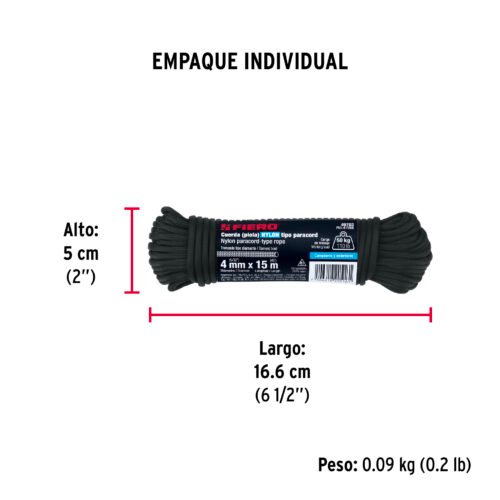 49703 - Piola de nylon paracord de 4mm x 15m negro, madeja, FIERO
