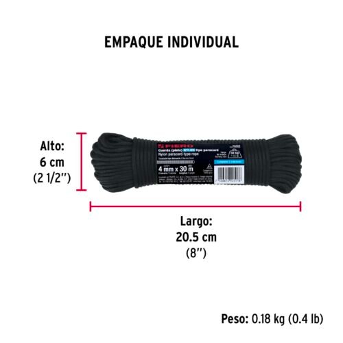 49704 - Piola de nylon paracord de 4mm x 30m negro, madeja, FIERO