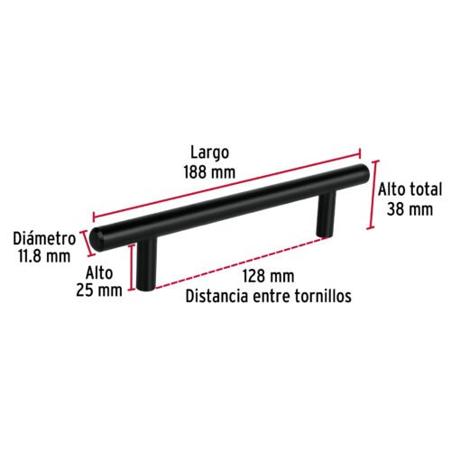 497322 49732 - Jaladera de acero, 128mm, línea Cilindro, negro, HERMEX