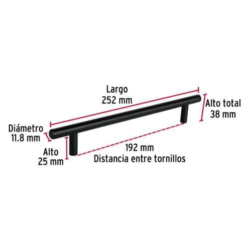 49734 - Jaladera de acero, 192mm, línea Cilindro, negro, HERMEX