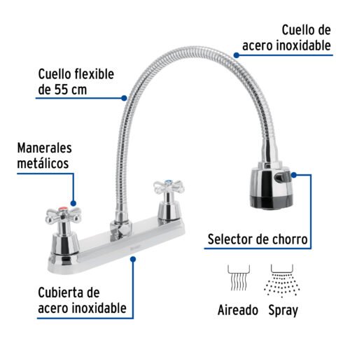 49819 - Mezcladora fregadero 8" cromo, cuello flexible, cruceta,AQUA