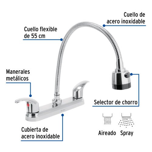 49820 - Mezcladora fregadero 8" cromo, cuello flexible, palanca,AQUA