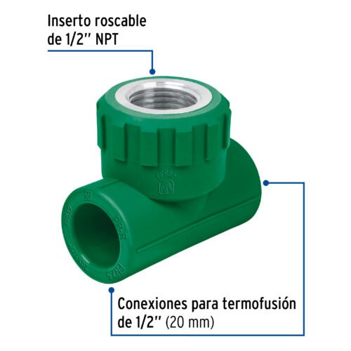 49839 - Tee hembra de PPR 1/2" con inserto metálico, Foset
