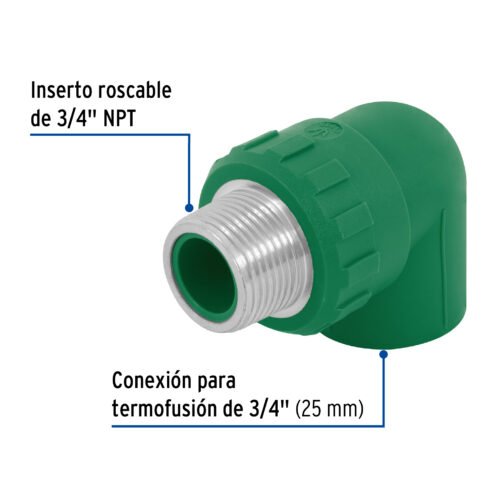 49856 - Codo 90° PPR,  3/4", rosca macho con inserto metálico, Foset