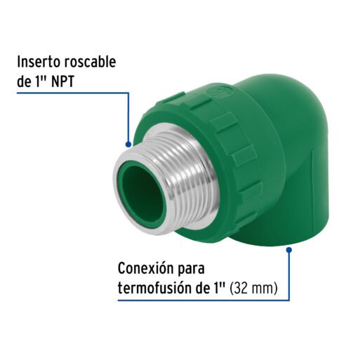 49857 - Codo 90° PPR,  1", rosca macho con inserto metálico, Foset
