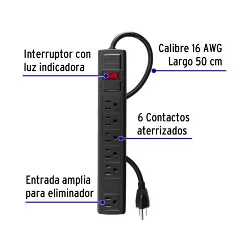 49859 - Multicontacto 16 AWG doméstico con 6 entradas, negro Volteck