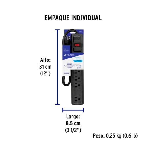 49859 - Multicontacto 16 AWG doméstico con 6 entradas, negro Volteck