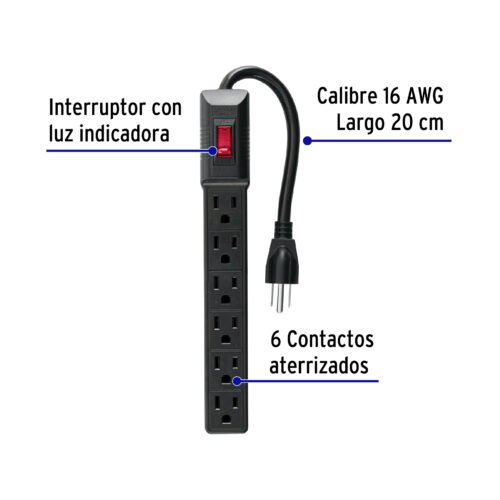 49860 - Multicontacto 16 AWG doméstico económico 6 entradas, negro