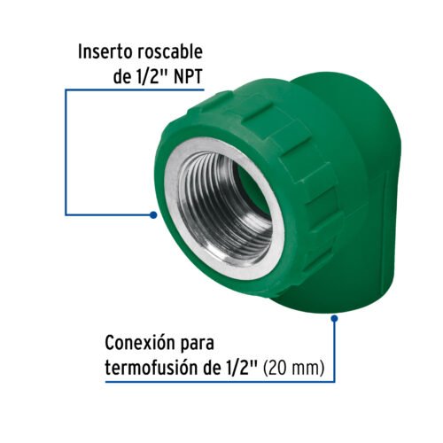 49861 - Codo 90° PPR, 1/2", rosca hembra con inserto metálico, Foset