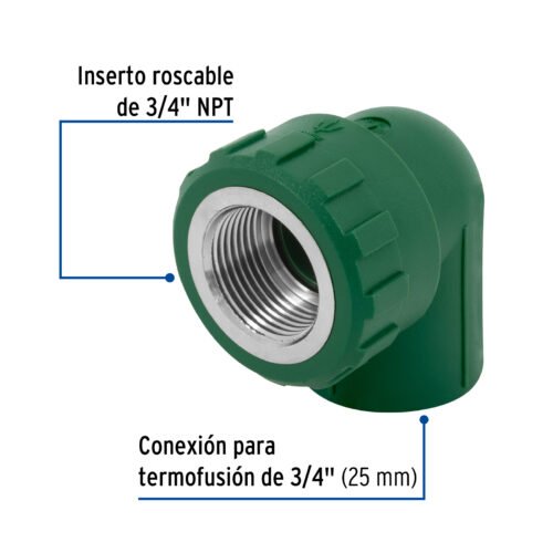 49862 - Codo 90° PPR, 3/4", rosca hembra con inserto metálico, Foset